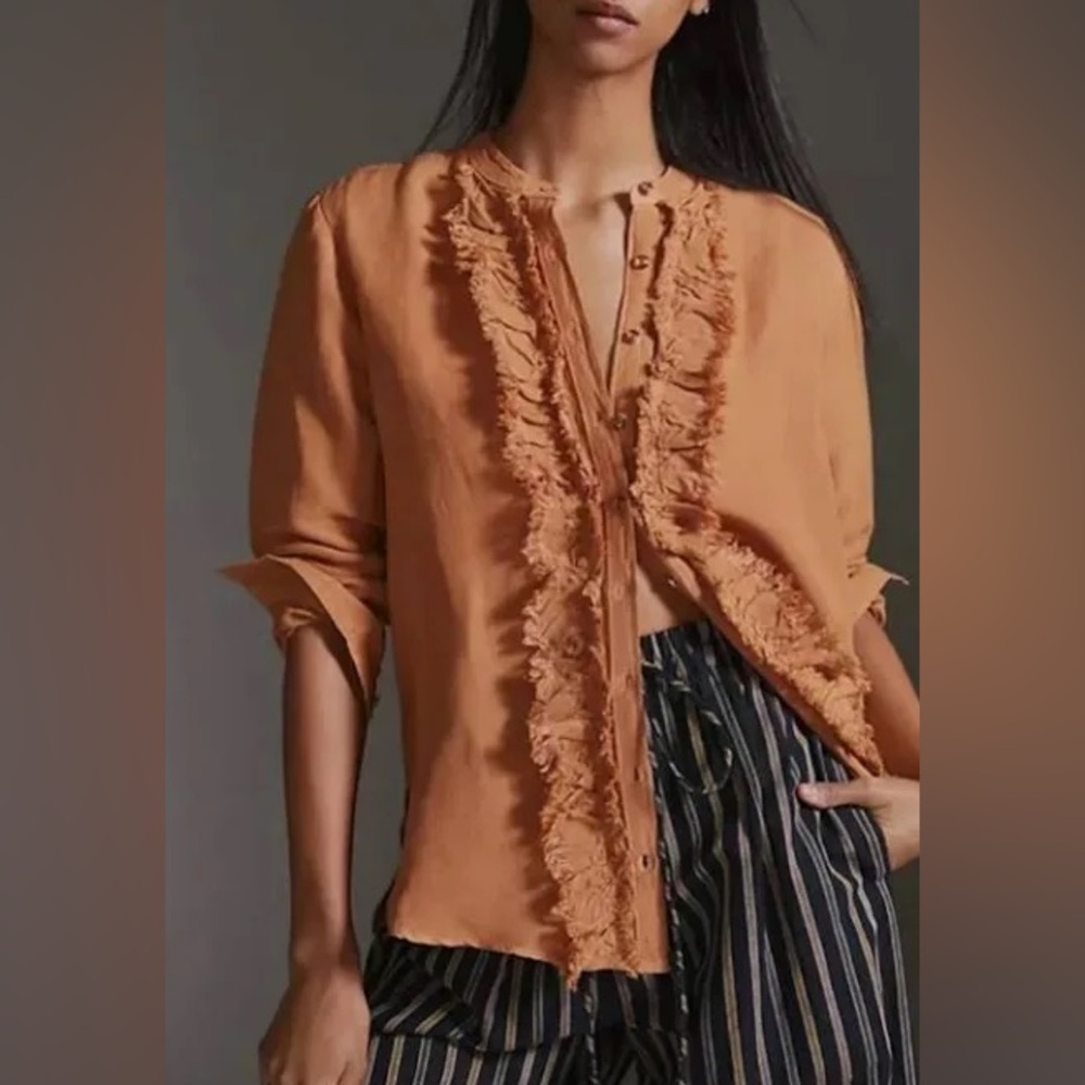 Pilcro Frayed Ruffled Fringe Button-Up Long Sleeve Linen Blouse Women’s Size L